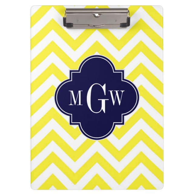 Yellow Lg Chevron Navy Quatrefoil 3 Monogram Clipboard (Front)