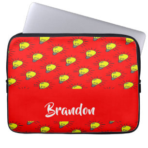 Yellow light bulbs on red laptop sleeve