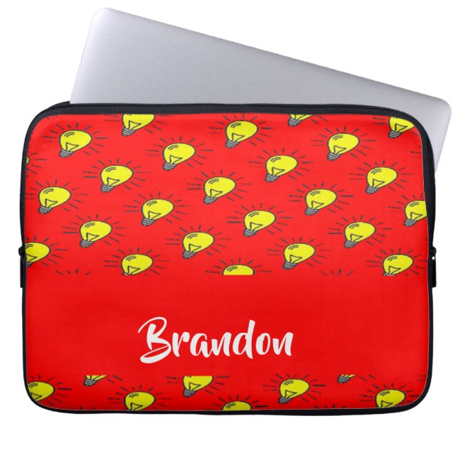 Yellow light bulbs on red laptop sleeve (Front)