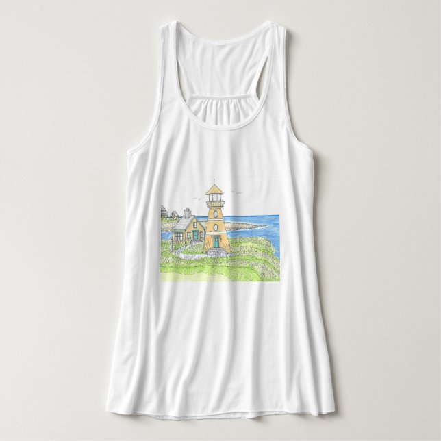 Yellow Lighthouse Tank Top; Ocean Blue (Design Front)