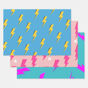 Yellow Lightning Blue Background Y2K Pattern Wrapping Paper Sheet