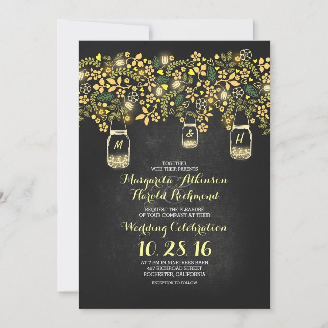 yellow lights mason jars floral chalkboard wedding invitation (Front)