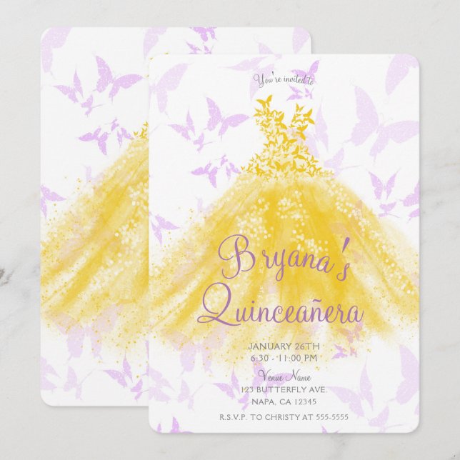 Yellow & Lilac Butterfly Dance Dress Quinceañera  Invitation (Front/Back)