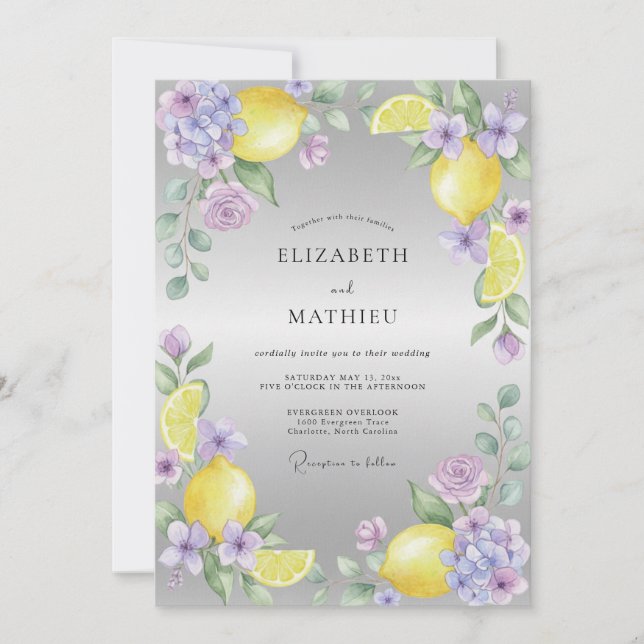 Yellow Lilac Citrus Eucalyptus Wedding Invitation (Front)