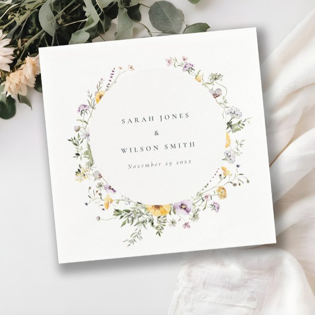 Yellow Lilac Wildflower Circle Frame Wedding Napkin (Creator Uploaded)