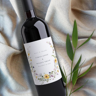 Yellow Lilac Wildflower Wreath Wedding Thank You Wine Label