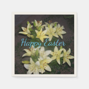 Yellow Lily Cluster Dark Background Happy Easter Napkin