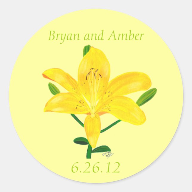 Yellow Lily flower, Save the date Wedding stickers (Front)