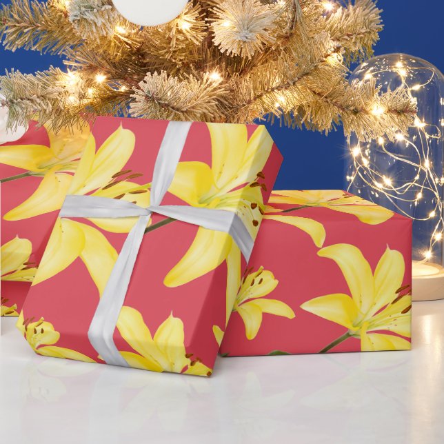 Yellow Lily Pink Background Matte Wrapping Paper (Holidays)