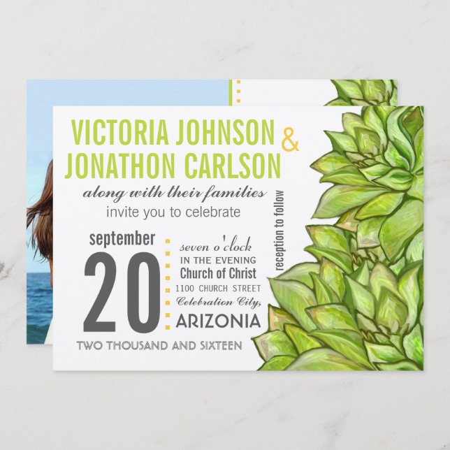 Yellow Lime Succulent Modern Typography Wedding Invitation (Front/Back)