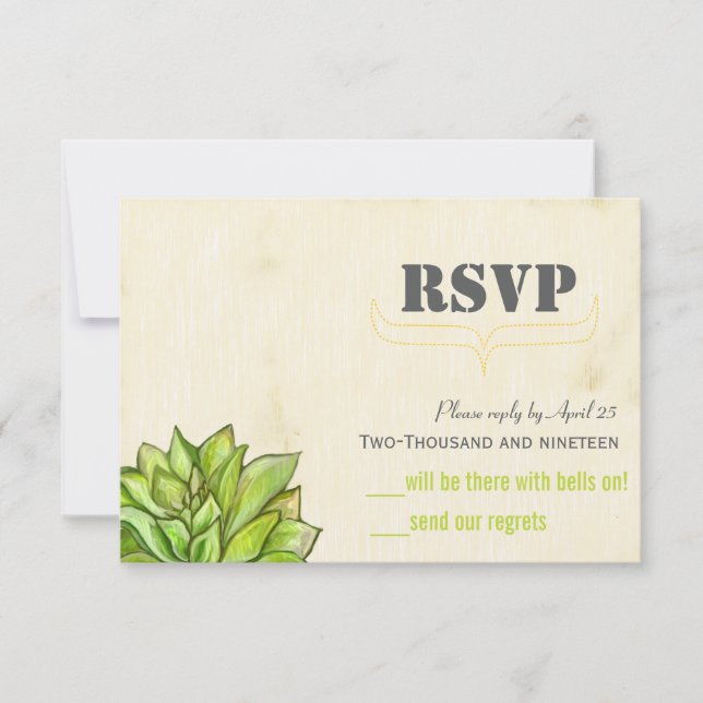 Yellow Lime Succulent Modern Typography Wedding RSVP Card (Front)