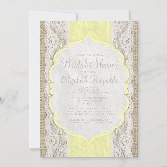 Yellow Linen Burlap Lace Bridal Shower Invitations (Front)