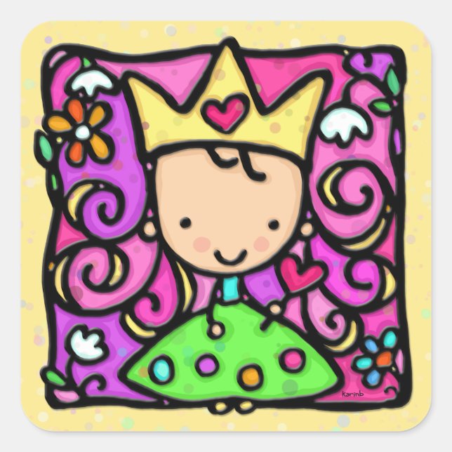 Yellow little girly princess golden crown heart square sticker (Front)