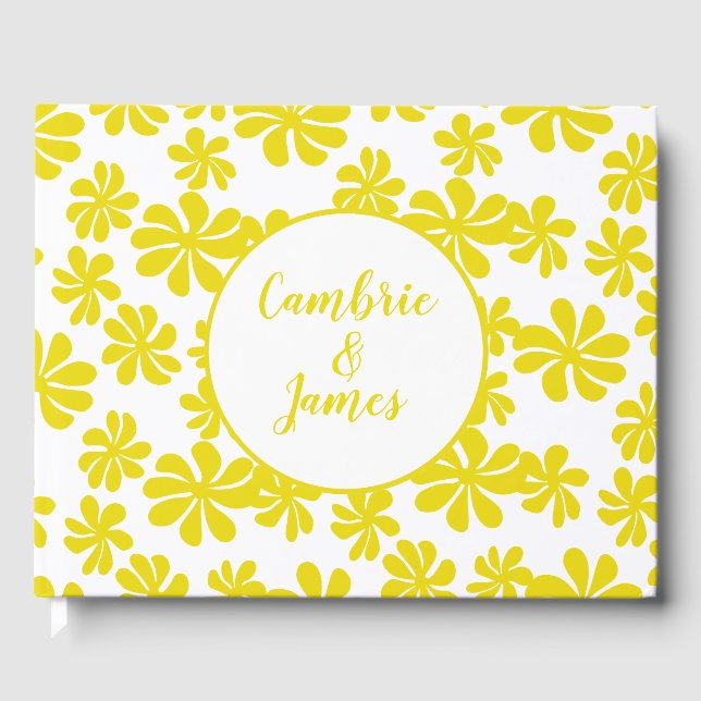 Yellow loopy flowers with custom background colour guest book (Front)