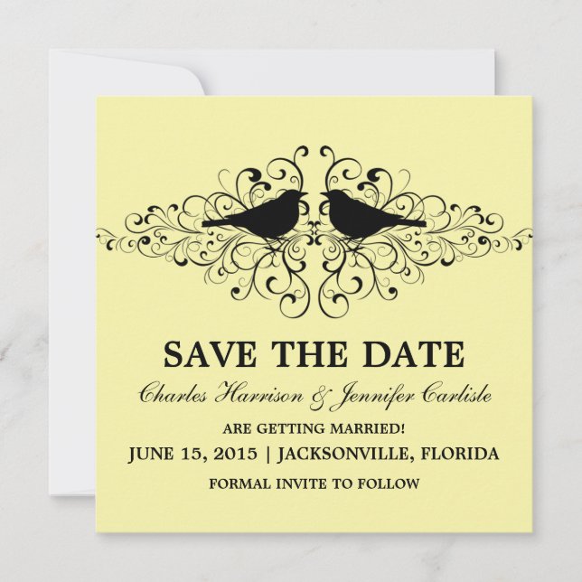 Yellow Love Bird Swirls Save the Date Invite (Front)