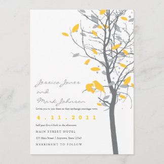 Yellow Love Birds in Tree with Grey Leaves Invitation