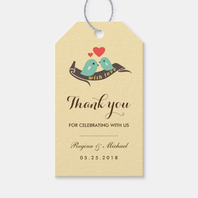 Yellow Lovebirds with Small Heart Wedding Gift Tag (Front)