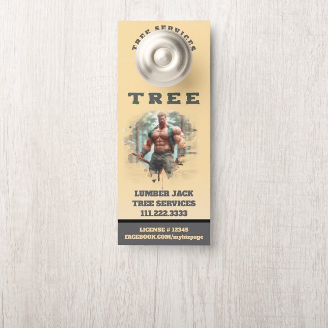 *~* Yellow Lumber Jack TREE  Services QR Door Door Hanger (On Knob)