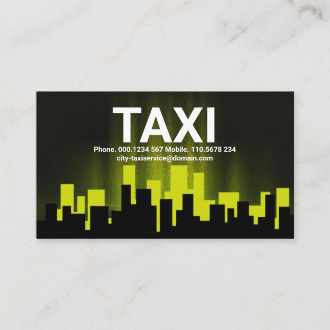 Yellow Luminous City Skyline Taxi Driver Business Card (Front)
