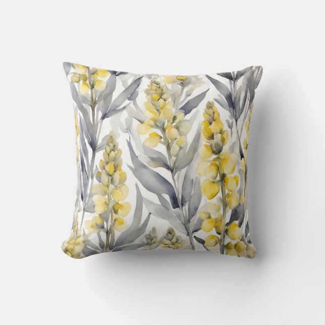 Yellow Lupin Flowers And Grey Watercolor Floral  Cushion (Front)