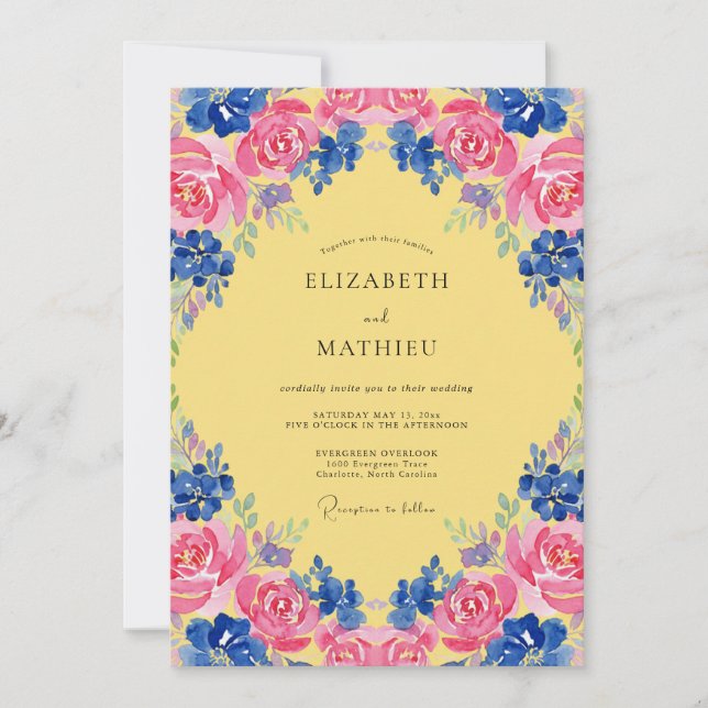 Yellow Magenta Cobalt Bloom Wedding Invitation (Front)