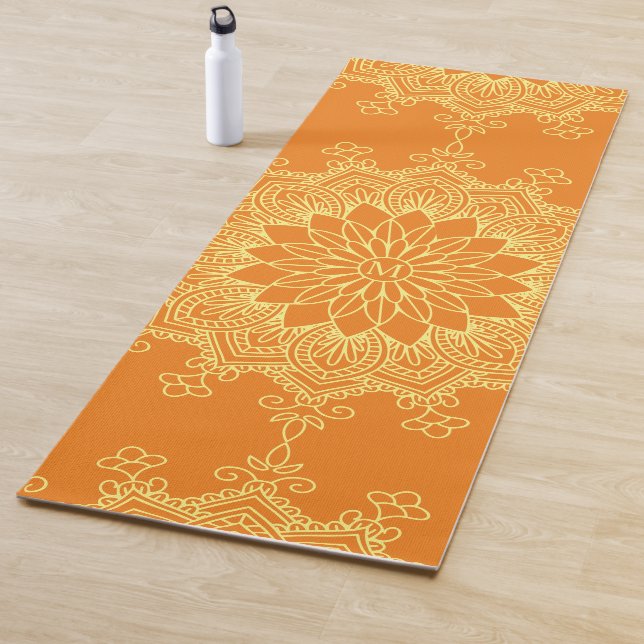 Yellow Mandala on Orange Monogram Yoga Mat (In Situ)