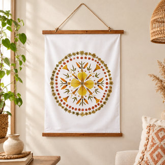 Yellow Mandala Pressed Flower From Original Art Hanging Tapestry
