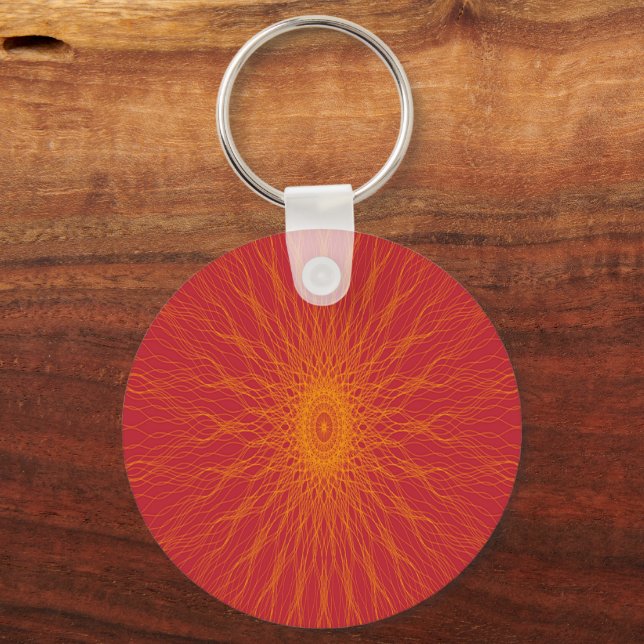 Yellow mandala rays on red key ring (Front)