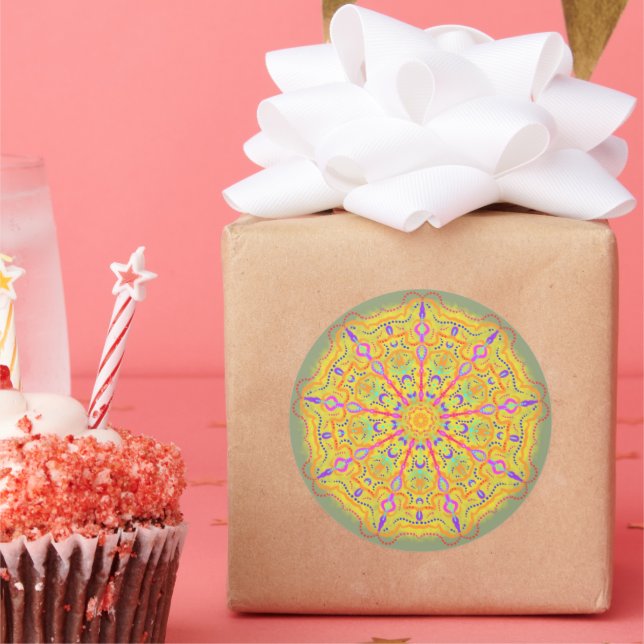 Yellow Mandala with pink 9 Geometry Classic Round Sticker (Party)