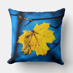 Yellow Maple Leaf On Blue Cushion