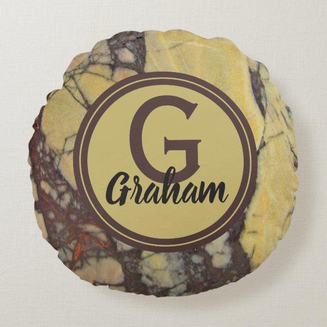 Yellow Marble Pattern Monogram Family Initial Round Cushion (Front)