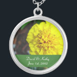 Yellow Marigold Flower Necklace<br><div class="desc">This is a Yellow Marigold flower. Makes a great gift for a loved one. Names and Date can be changed to your own. Just enter them in the text boxes to the right. Check out my other necklaces in my store.</div>