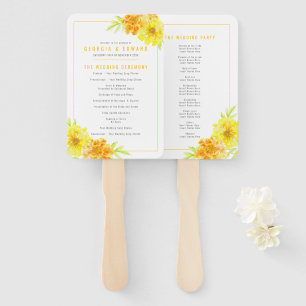 Yellow marigold flowers watercolor wedding program hand fan