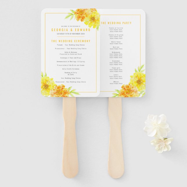 Yellow marigold flowers watercolor wedding program hand fan (Front and Back)