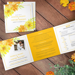 Yellow marigold flowers watercolor wedding Tri-Fold programme