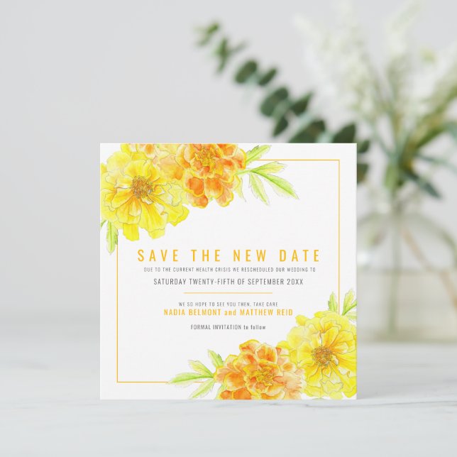 Yellow marigold save the new date wedding save the date (Standing Front)
