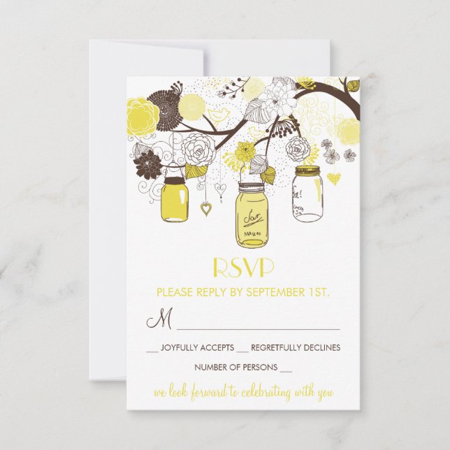 Yellow Mason Jars Summer Wedding Floral RSVP Card (Front)