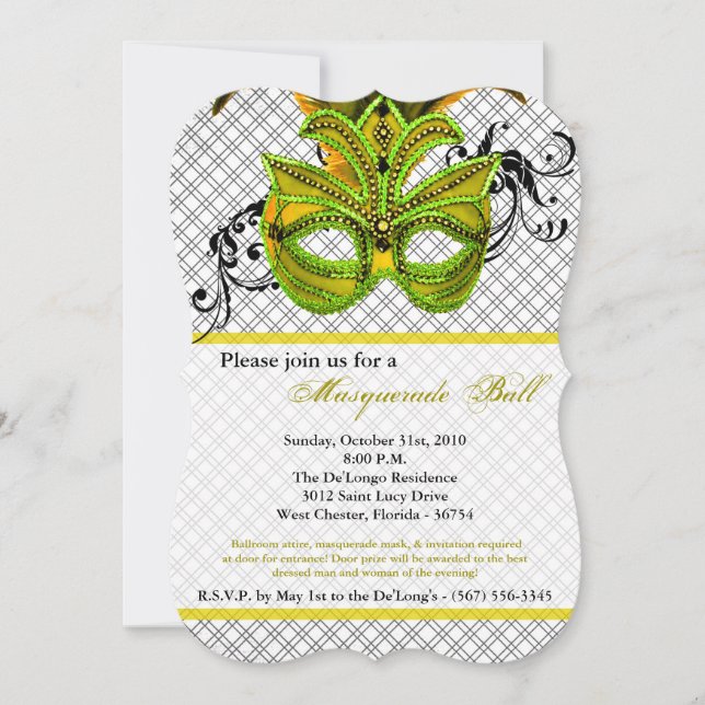 Yellow Masquerade Ball Mask Costume Halloween Part Invitation (Front)