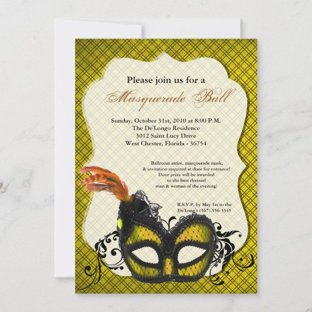Yellow Masquerade Mask Ball Costume Halloween Invitation (Front)