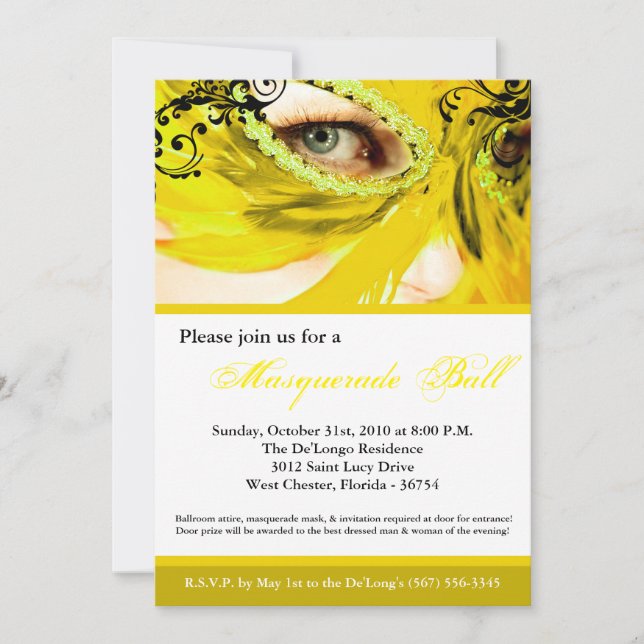 Yellow Masquerade Mask Ball Costume Halloween Invitation (Front)