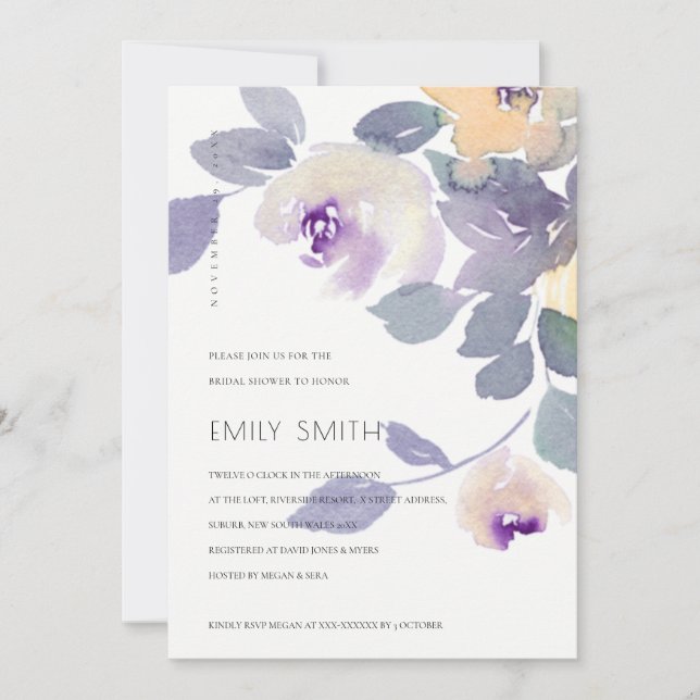 YELLOW MAUVE LILAC FLORAL BRIDAL SHOWER INVITE (Front)