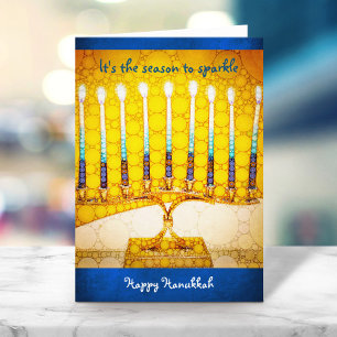 Yellow Menorah "Season to Sparkle" Custom Hanukkah Holiday Card