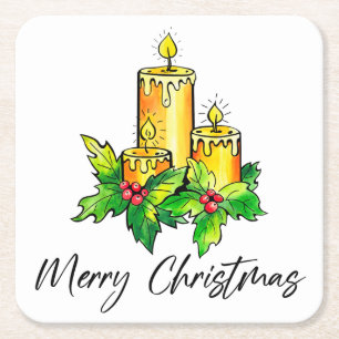Yellow Merry Christmas And Happy New Year Square Paper Coaster