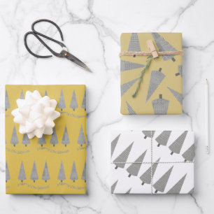 Yellow Merry Christmas Houndstooth Tree Pattern Wrapping Paper Sheet