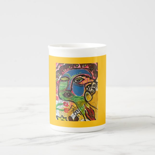 Yellow Metacognative Abstract Colourful Face Bone China Mug (Front)