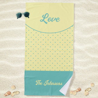 Yellow Mid Century Turquoise Retro Dots Love Beach Towel
