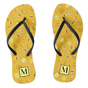 Yellow Midcentury Retro Honey Bee Pattern Jandals