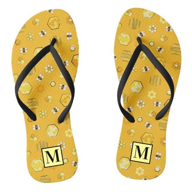Yellow Midcentury Retro Honey Bee Pattern Jandals (Footbed)