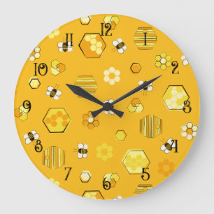 Yellow Midcentury Retro Honey Bee Pattern Large Clock