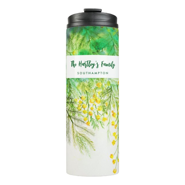 Yellow Mimosa Floral Watercolor Painting Thermal Tumbler (Front)